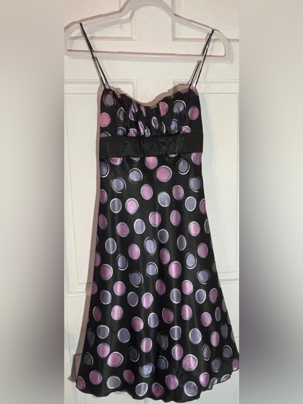 Vintage Y2K Polka Dot Prom/Cocktail Dress.Black Satin Empire Waist. Size 11/12